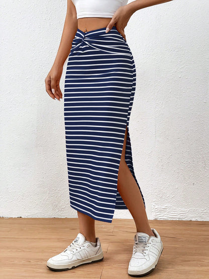 EMERY ROSE Summer Casual Striped Twist Slit Mid-Length Skirt