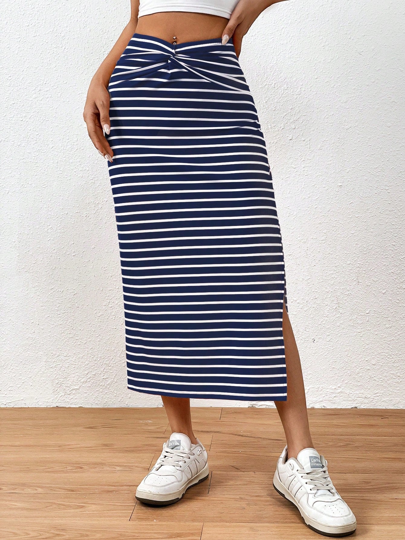 EMERY ROSE Summer Casual Striped Twist Slit Mid-Length Skirt