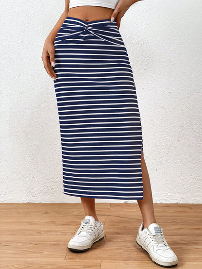 EMERY ROSE Summer Casual Striped Twist Slit Mid-Length Skirt
