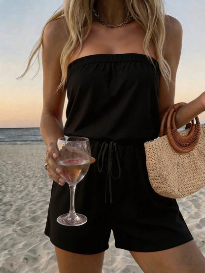EMERY ROSE Summer Swimwear New Elegant Minimalist Casual Women's Black Knit Fabric Beach Vacation Elastic Bandeau Jumpsuit Cover-Up, Women's Elegant Jumpsuit, Women's Easter Jumpsuit, Women's Thanksgi