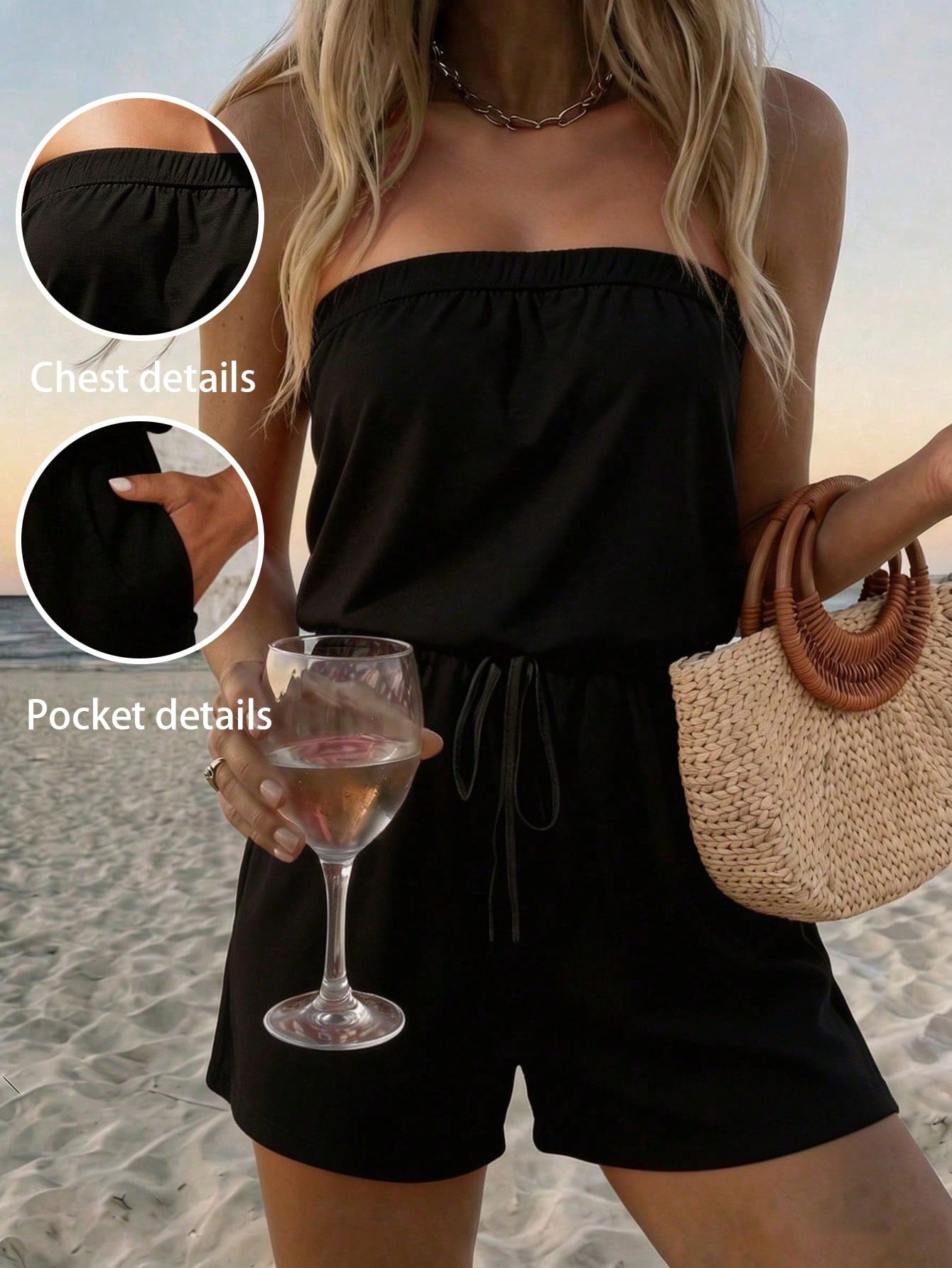EMERY ROSE Summer Swimwear New Elegant Minimalist Casual Women's Black Knit Fabric Beach Vacation Elastic Bandeau Jumpsuit Cover-Up, Women's Elegant Jumpsuit, Women's Easter Jumpsuit, Women's Thanksgi