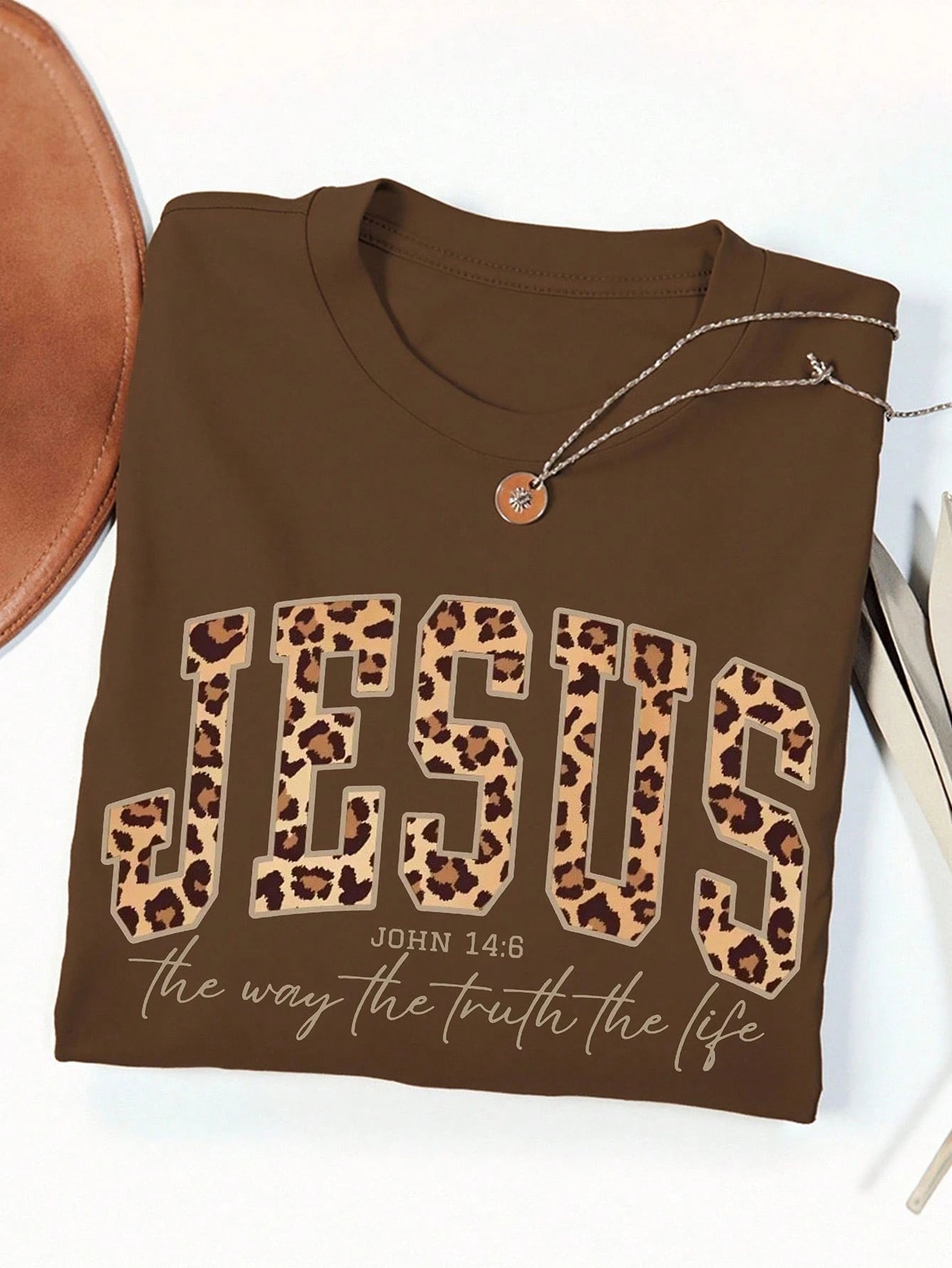 EMERY ROSE Vintage Cowboy Leopard Print JESUS Faith Print Casual Plus Size T-Shirt Brown Summer