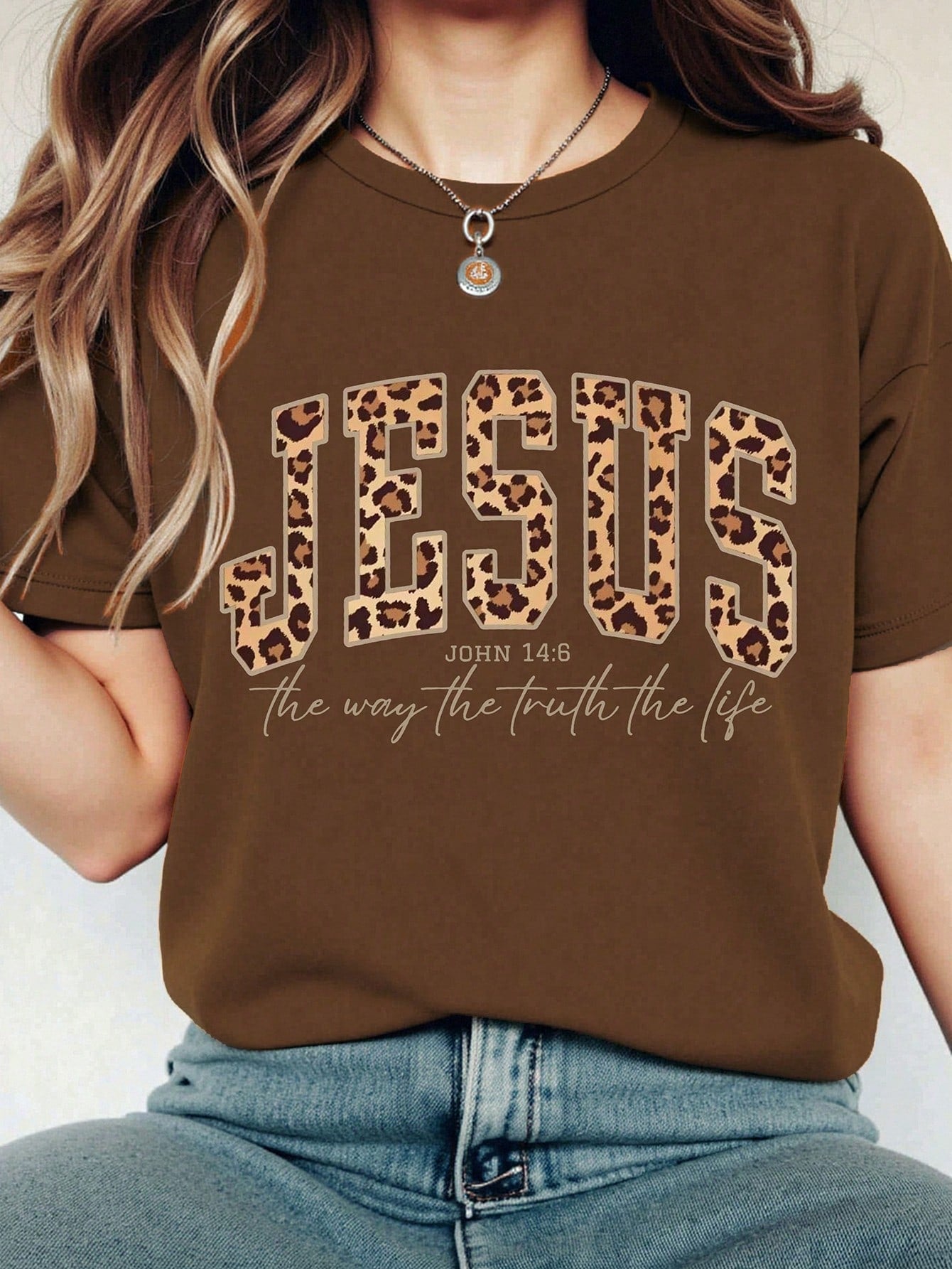 EMERY ROSE Vintage Cowboy Leopard Print JESUS Faith Print Casual Plus Size T-Shirt Brown Summer