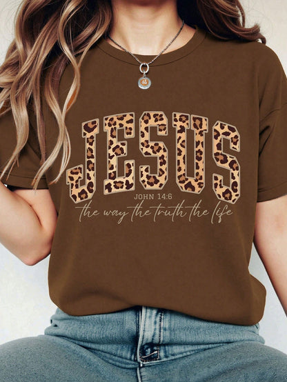 EMERY ROSE Vintage Cowboy Leopard Print JESUS Faith Print Casual Plus Size T-Shirt Brown Summer