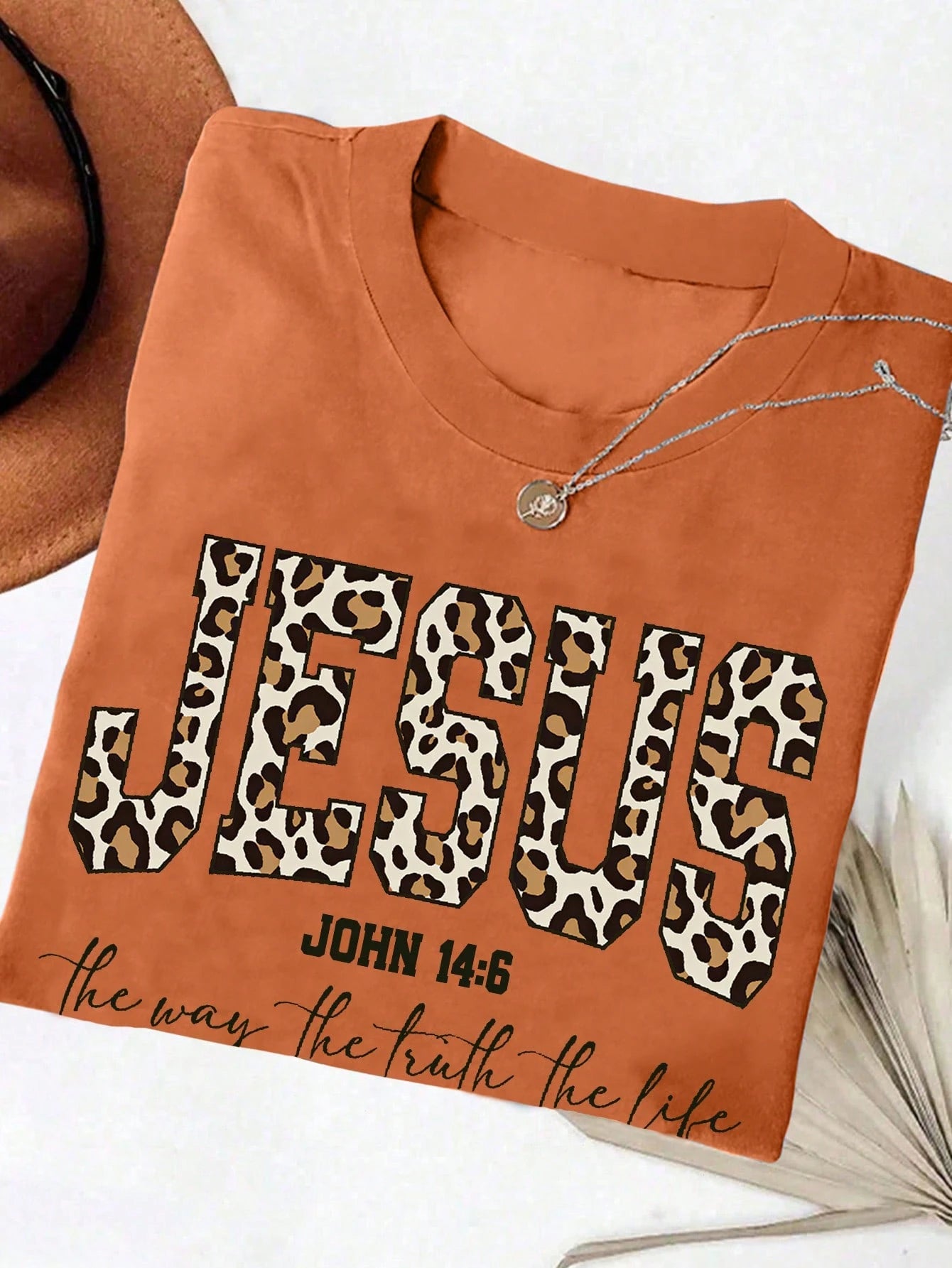 EMERY ROSE Vintage Cowboy Leopard Print JESUS Faith Print Casual Plus Size T-Shirt Brown Summer