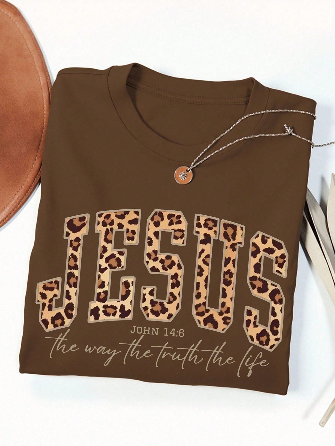 EMERY ROSE Vintage Cowboy Leopard Print JESUS Faith Print Casual Plus Size T-Shirt Brown Summer