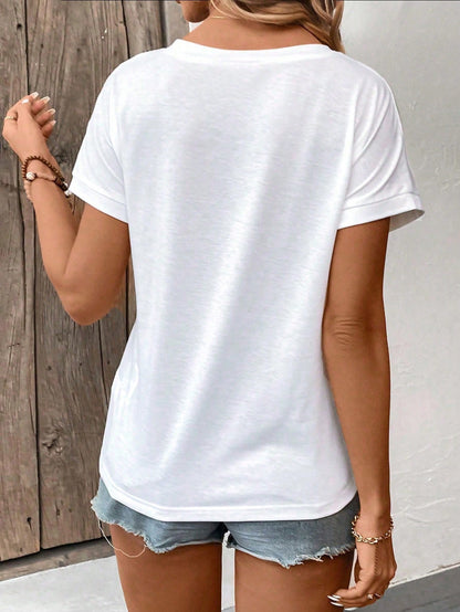 EMERY ROSE Women's All White Solid V-Neck Casual T-Shirt Tops Summer Occasion For Work Office Party Halloween Christmas Thanksgiving New Year