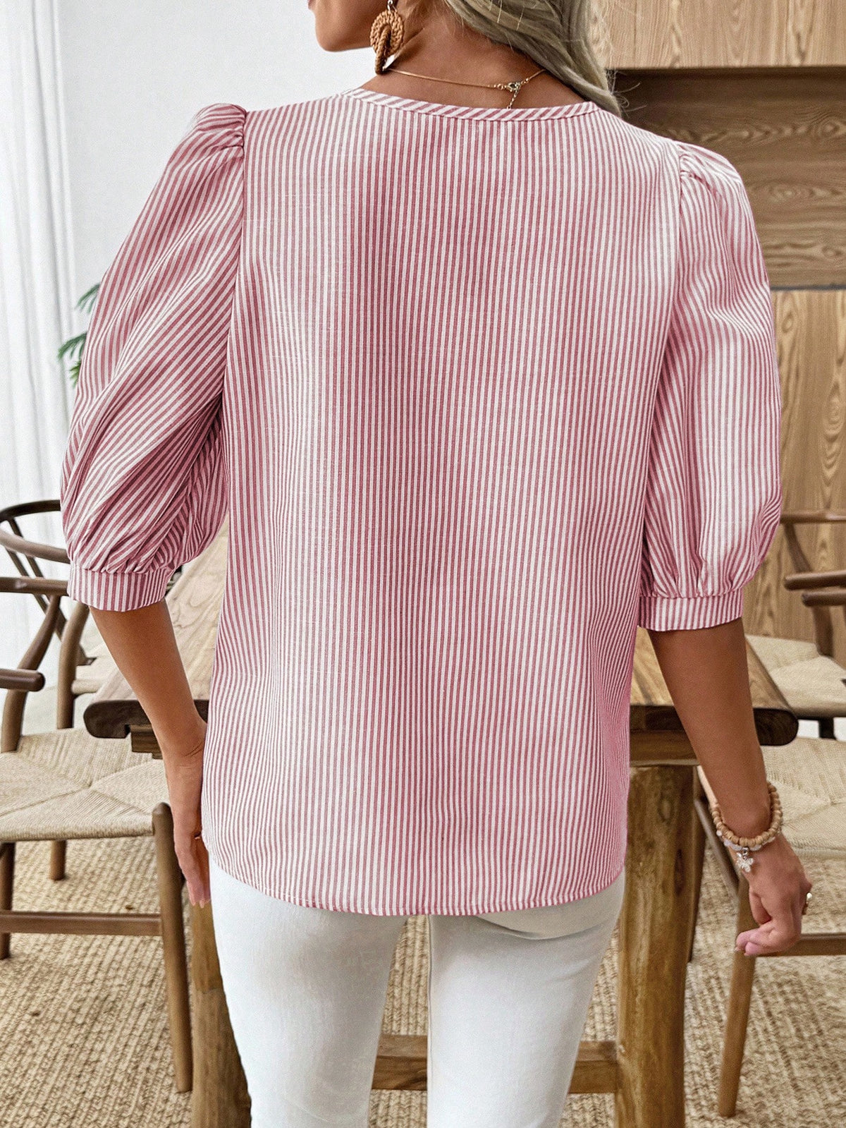 EMERY ROSE Women's Casual Commuter Striped Lantern Sleeve Shirt
