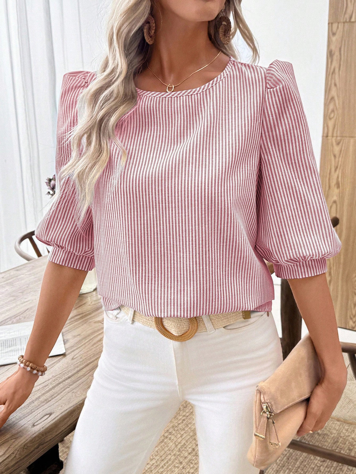 EMERY ROSE Women's Casual Commuter Striped Lantern Sleeve Shirt