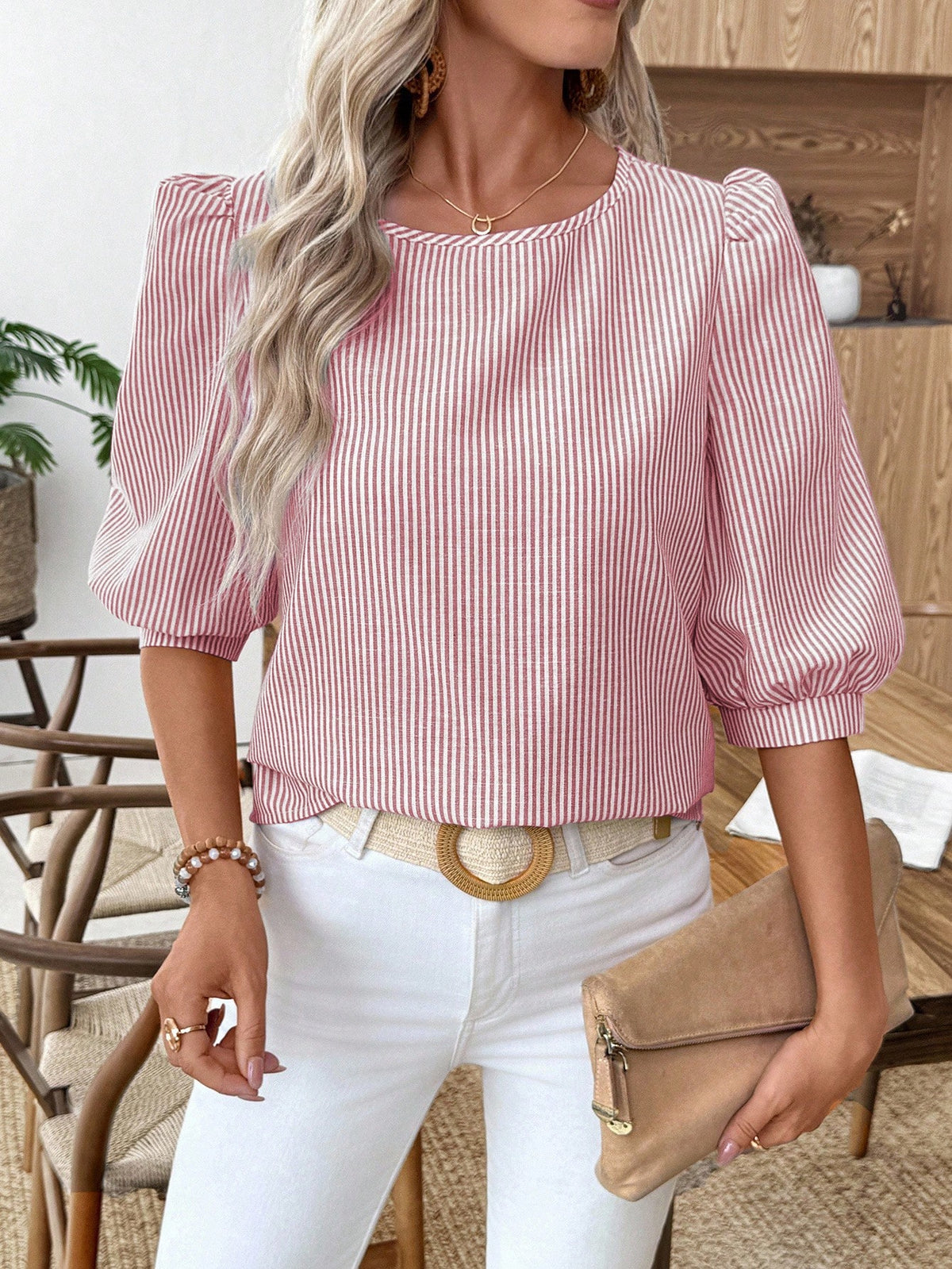EMERY ROSE Women's Casual Commuter Striped Lantern Sleeve Shirt