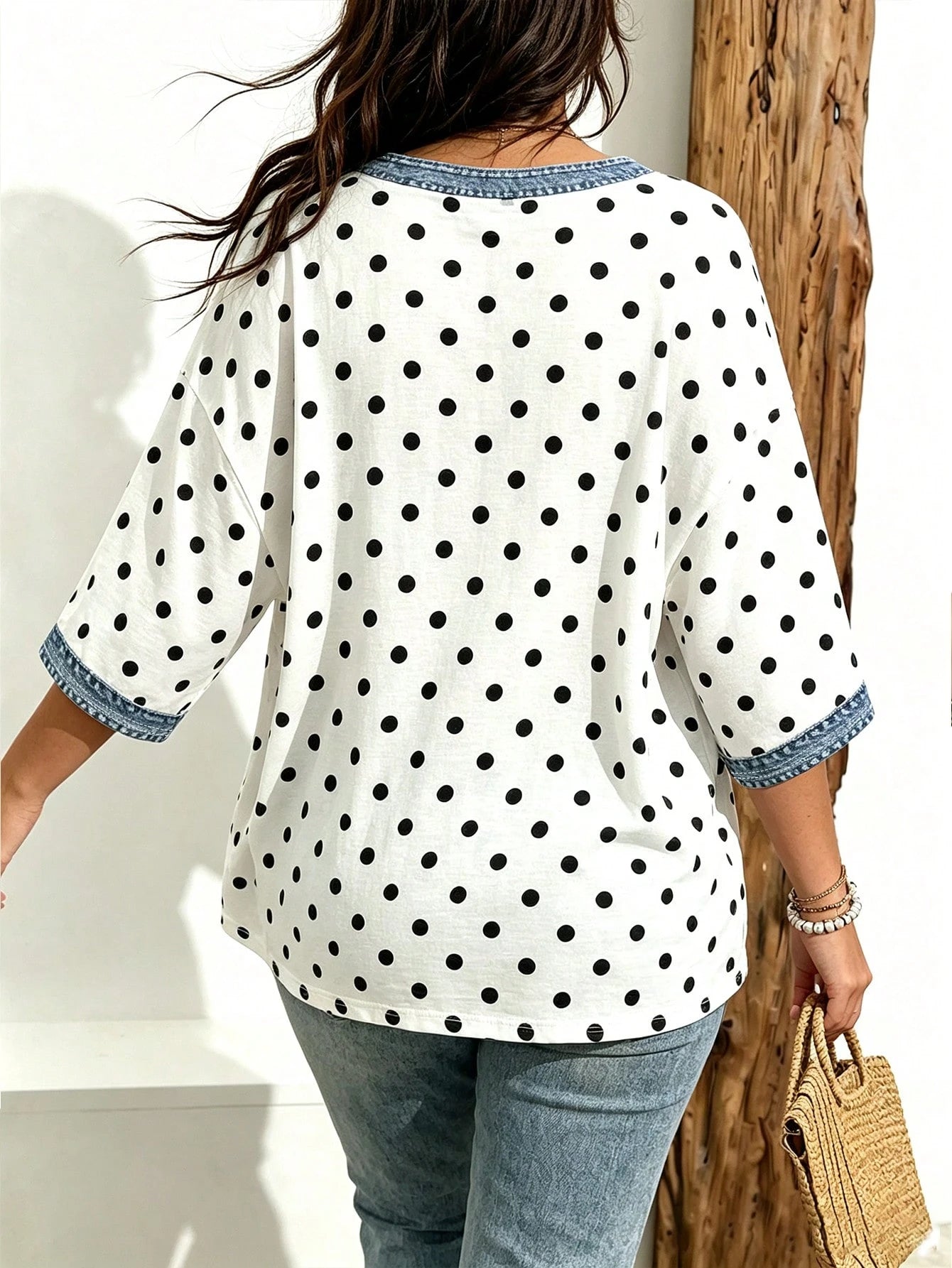 EMERY ROSE Women's Casual Striped & Floral & Faux Denim Print Drop Shoulder Plus Size T-Shirt, Suitable For Summer Wear