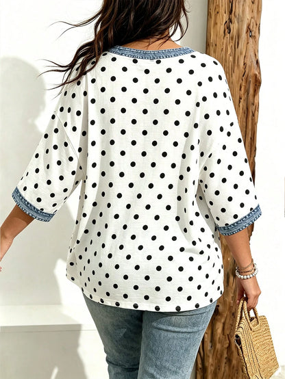 EMERY ROSE Women's Casual Striped & Floral & Faux Denim Print Drop Shoulder Plus Size T-Shirt, Suitable For Summer Wear