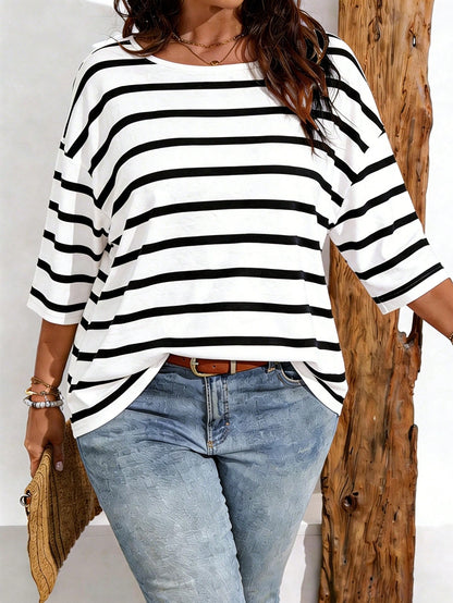 EMERY ROSE Women's Casual Striped & Floral & Faux Denim Print Drop Shoulder Plus Size T-Shirt, Suitable For Summer Wear