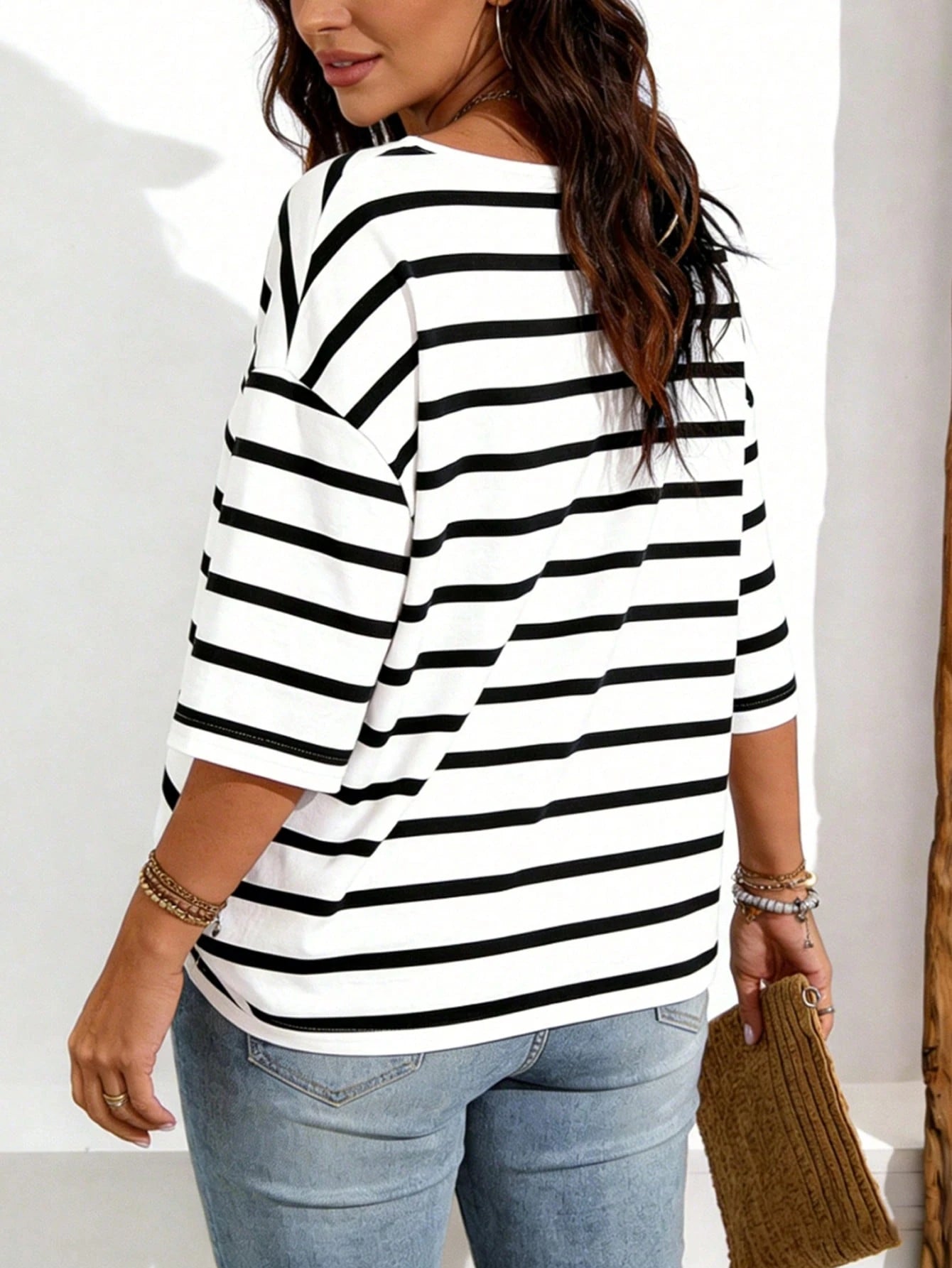 EMERY ROSE Women's Casual Striped & Floral & Faux Denim Print Drop Shoulder Plus Size T-Shirt, Suitable For Summer Wear