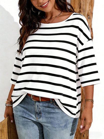 EMERY ROSE Women's Casual Striped & Floral & Faux Denim Print Drop Shoulder Plus Size T-Shirt, Suitable For Summer Wear