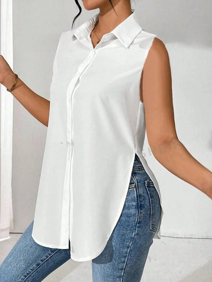 EMERY ROSE Women's Casual Vacation Asymmetrical Hem, Slit, Sleeveless Solid Color Shirt