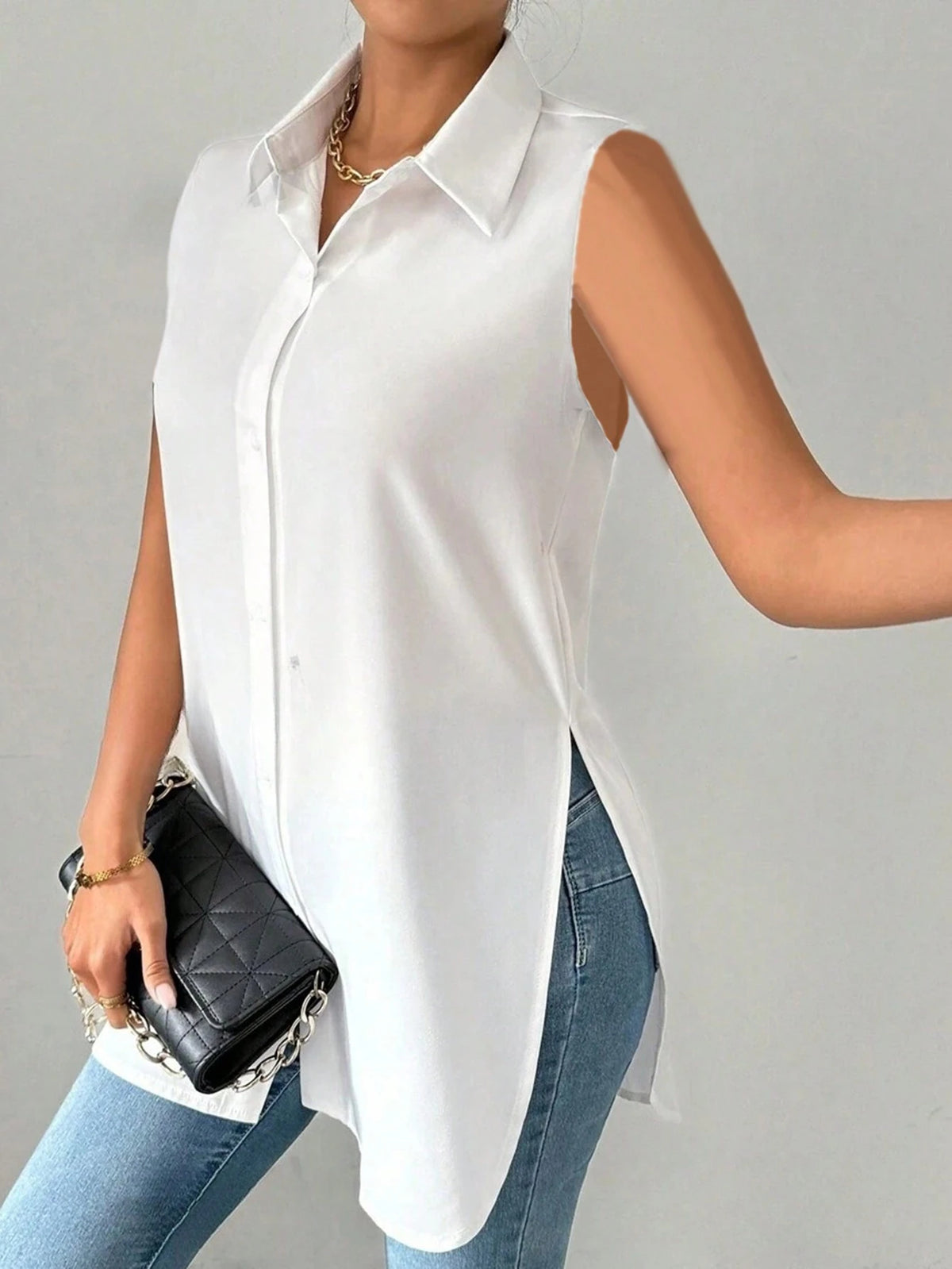 EMERY ROSE Women's Casual Vacation Asymmetrical Hem, Slit, Sleeveless Solid Color Shirt