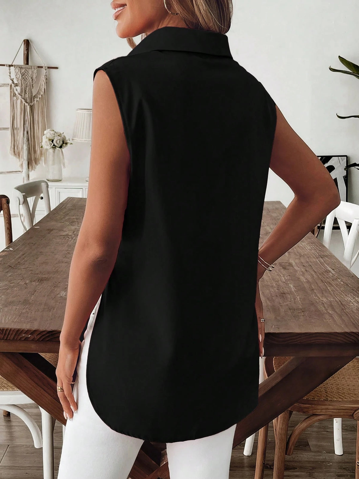 EMERY ROSE Women's Casual Vacation Asymmetrical Hem, Slit, Sleeveless Solid Color Shirt
