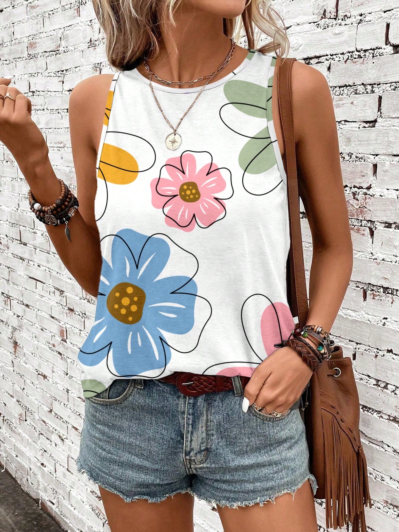 EMERY ROSE Women's Casual Vintage Floral Pattern Tank Top, Suitable For Summer,Casual