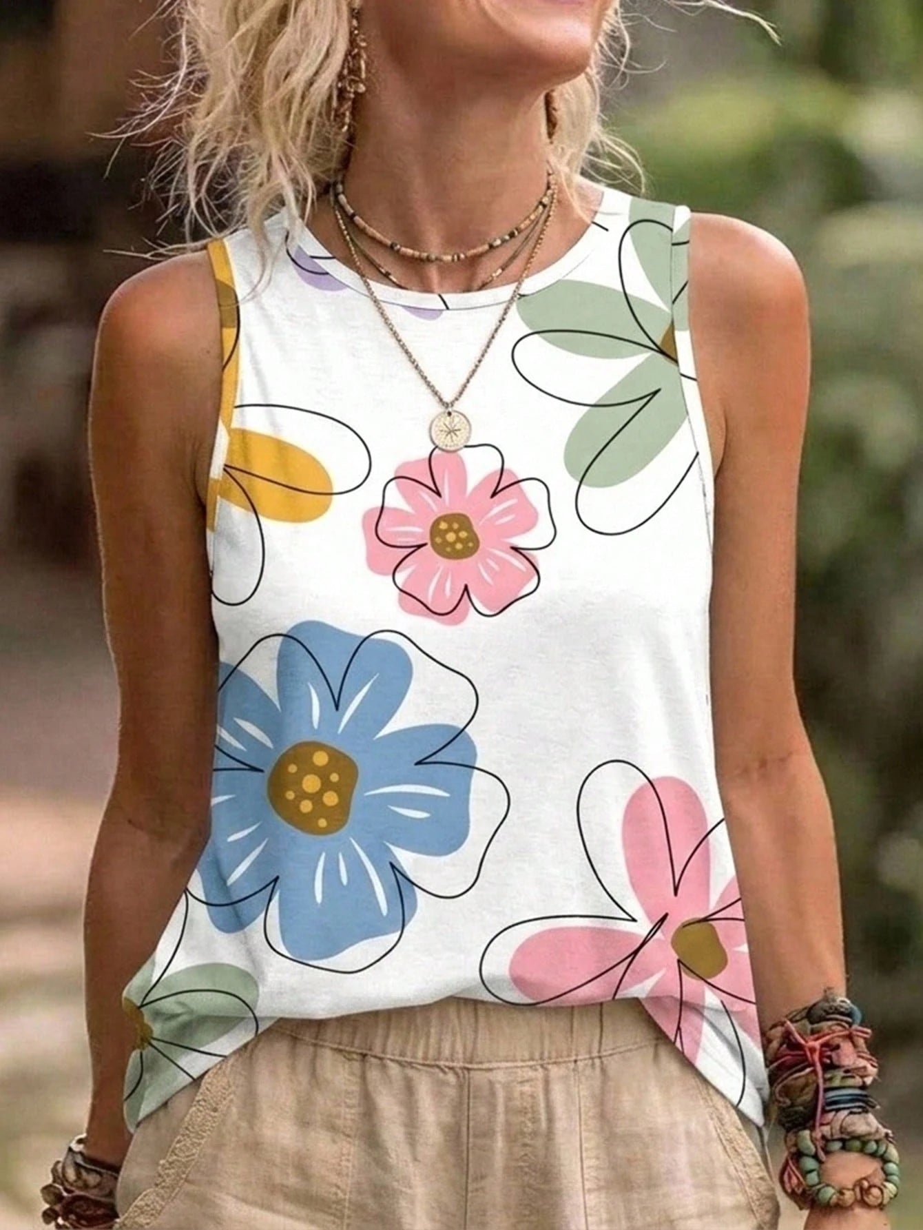 EMERY ROSE Women's Casual Vintage Floral Pattern Tank Top, Suitable For Summer,Casual