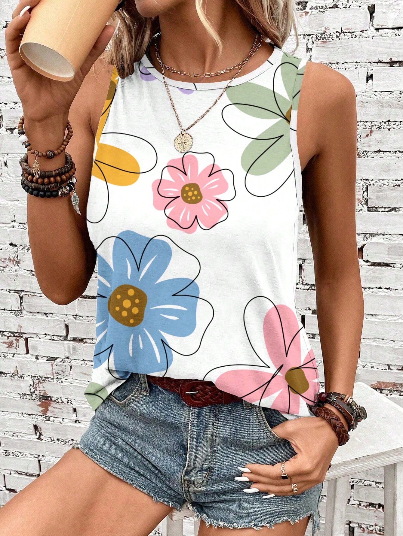 EMERY ROSE Women's Casual Vintage Floral Pattern Tank Top, Suitable For Summer,Casual
