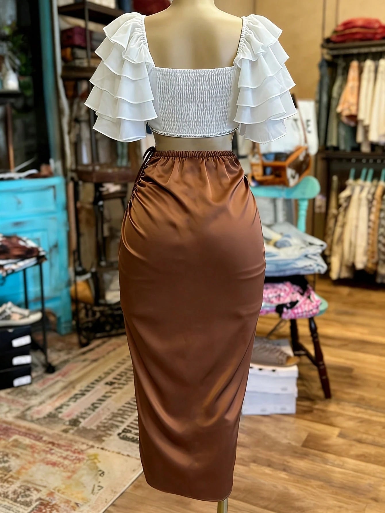 EMERY ROSE Women's Fashionable Solid Color Drawstring Tie Long Skirt
