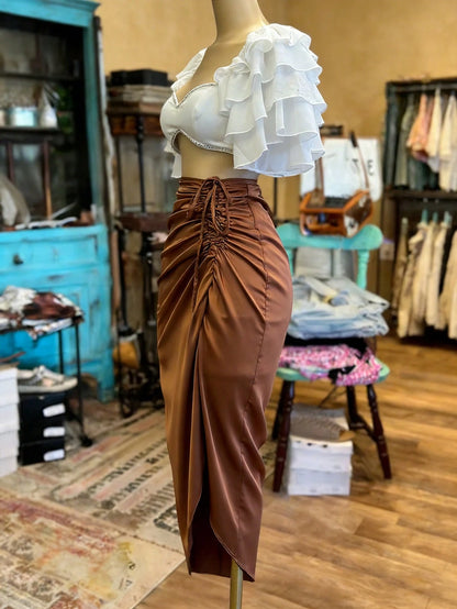 EMERY ROSE Women's Fashionable Solid Color Drawstring Tie Long Skirt