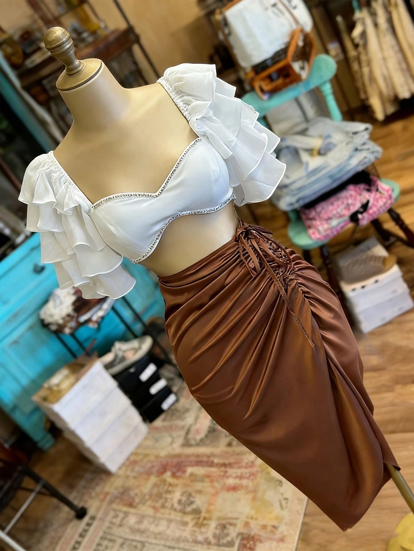 EMERY ROSE Women's Fashionable Solid Color Drawstring Tie Long Skirt