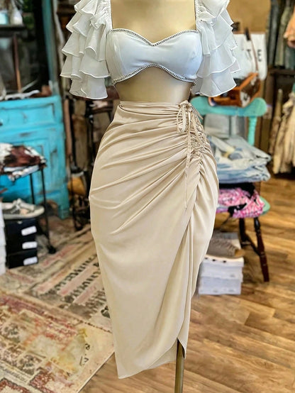 EMERY ROSE Women's Fashionable Solid Color Drawstring Tie Long Skirt