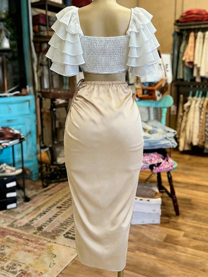 EMERY ROSE Women's Fashionable Solid Color Drawstring Tie Long Skirt