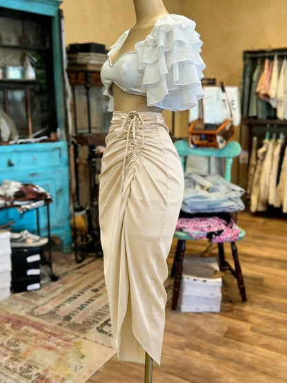 EMERY ROSE Women's Fashionable Solid Color Drawstring Tie Long Skirt