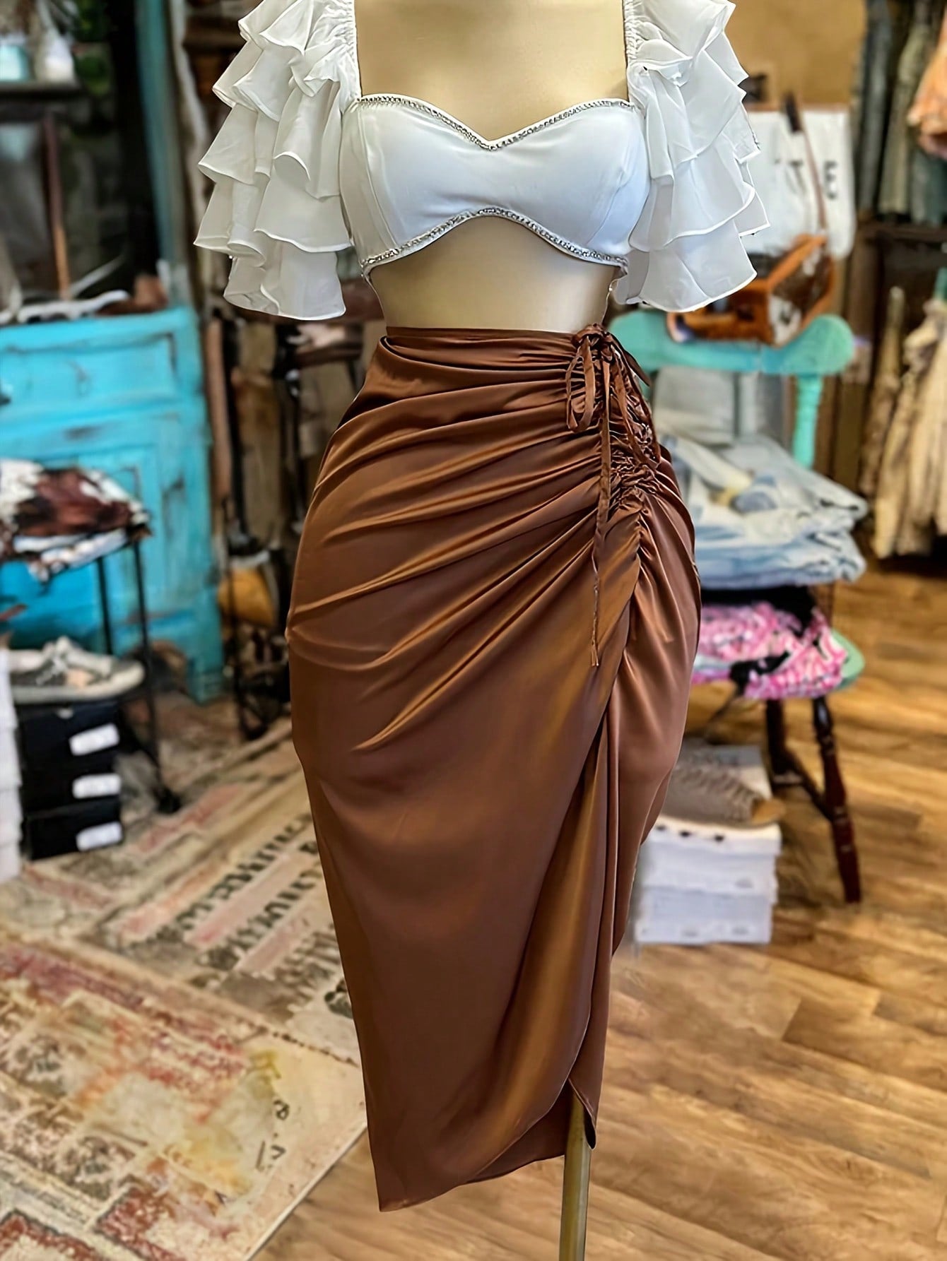 EMERY ROSE Women's Fashionable Solid Color Drawstring Tie Long Skirt