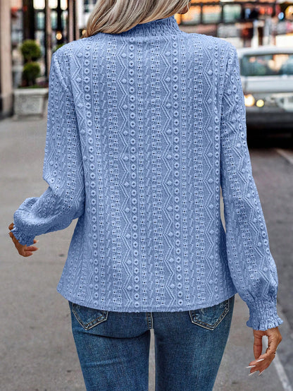 EMERY ROSE Women's Hollow Embroidery Pleated Collar Long Sleeve Casual T-Shirt