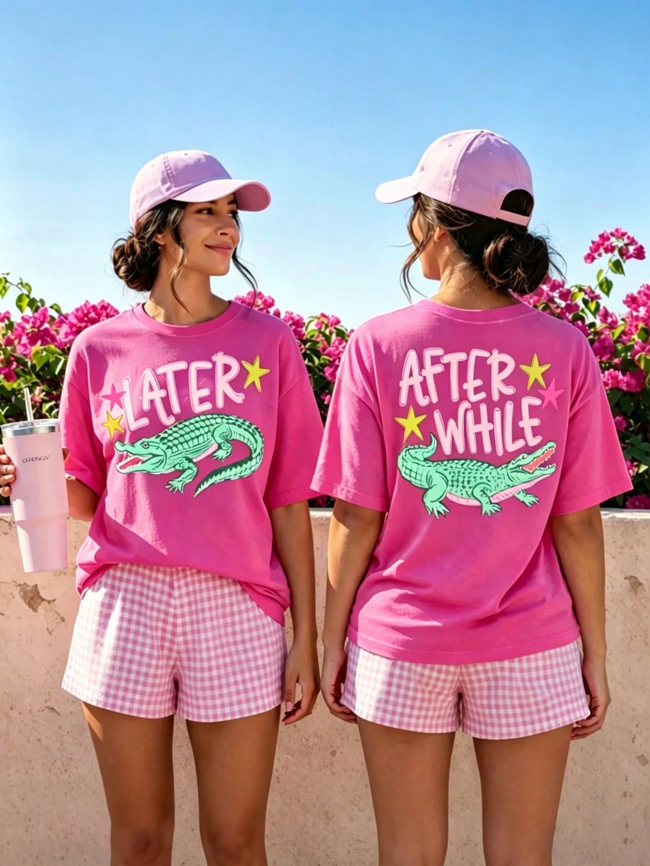 EMERY ROSE Women's Pink Crocodile Graphic Tee, Summer Casual Loose Fit T-Shirt, Cute Preppy Style For Vacation & Daily Wear