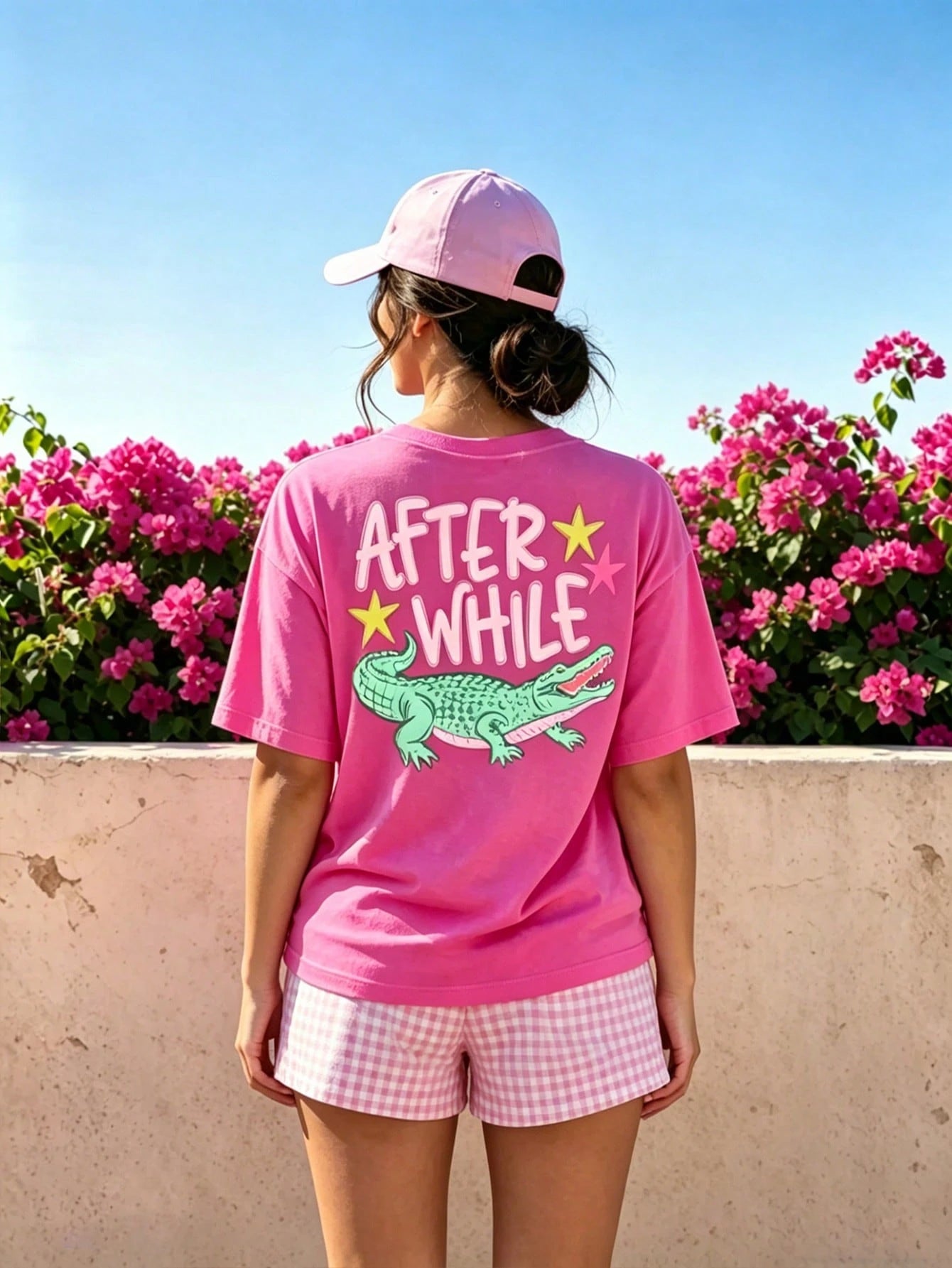 EMERY ROSE Women's Pink Crocodile Graphic Tee, Summer Casual Loose Fit T-Shirt, Cute Preppy Style For Vacation & Daily Wear
