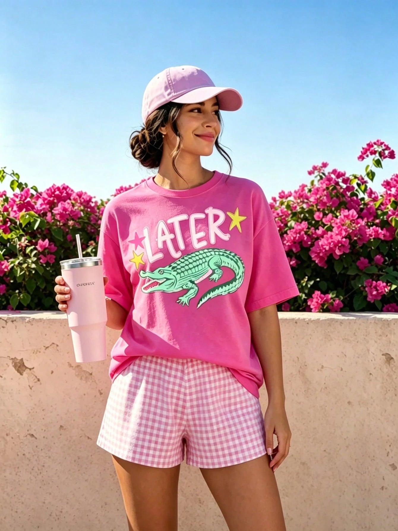 EMERY ROSE Women's Pink Crocodile Graphic Tee, Summer Casual Loose Fit T-Shirt, Cute Preppy Style For Vacation & Daily Wear