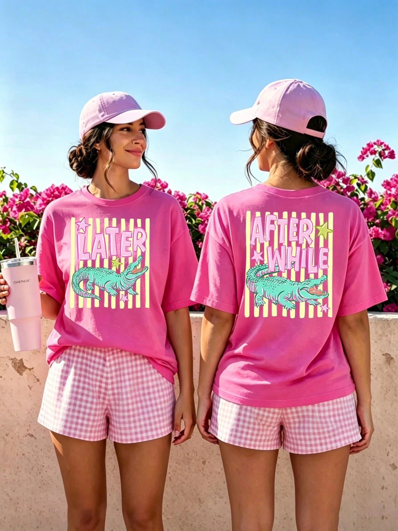 EMERY ROSE Women's Pink Crocodile Graphic Tee, Summer Casual Loose Fit T-Shirt, Cute Preppy Style For Vacation & Daily Wear