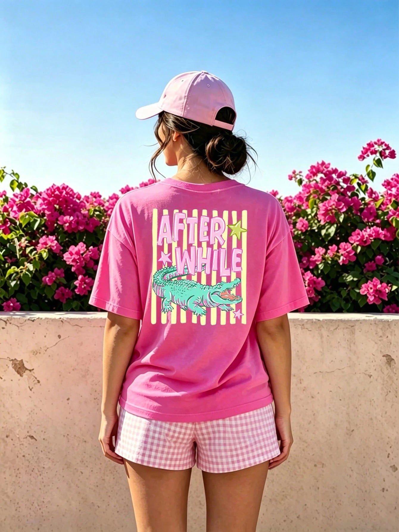 EMERY ROSE Women's Pink Crocodile Graphic Tee, Summer Casual Loose Fit T-Shirt, Cute Preppy Style For Vacation & Daily Wear