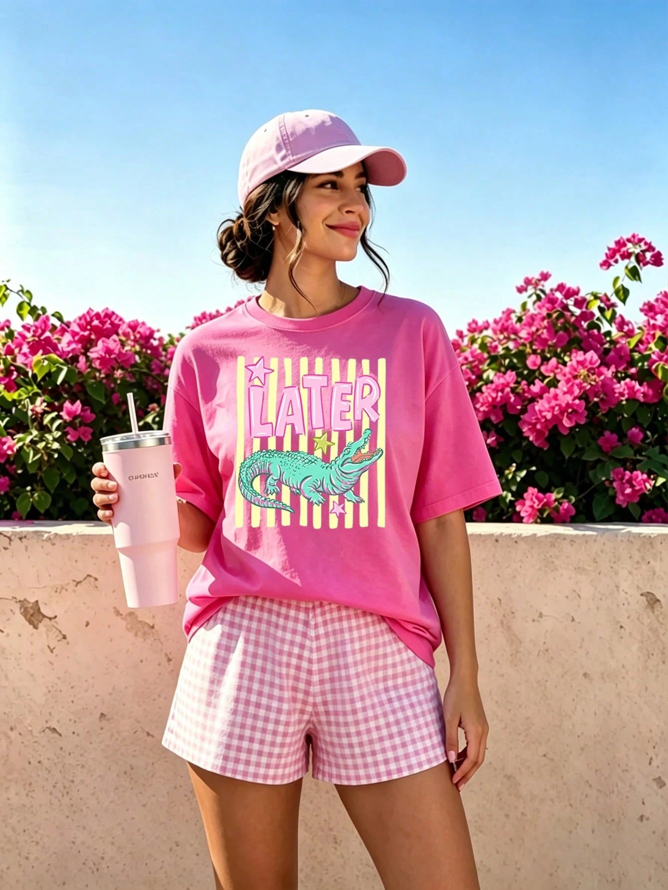 EMERY ROSE Women's Pink Crocodile Graphic Tee, Summer Casual Loose Fit T-Shirt, Cute Preppy Style For Vacation & Daily Wear