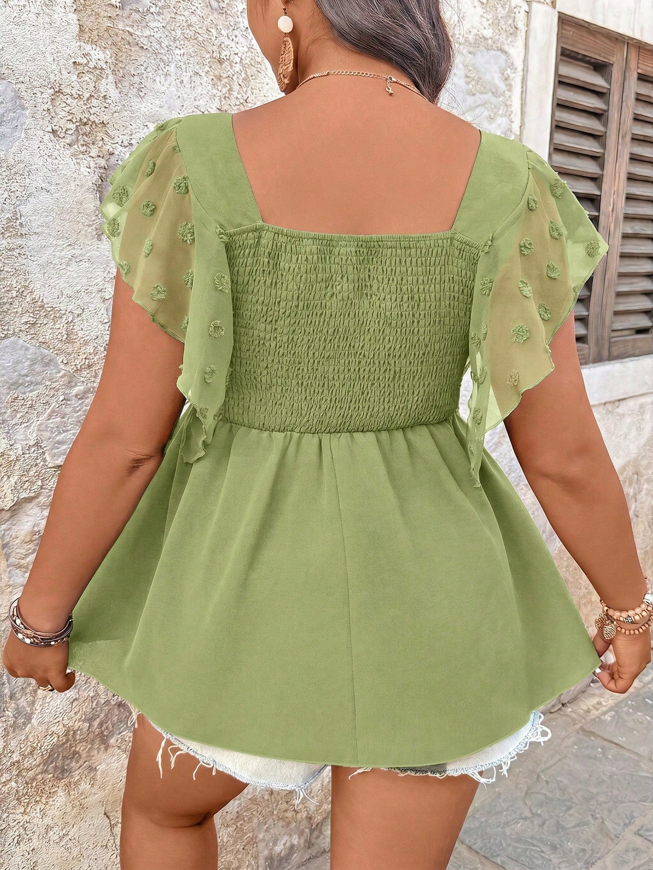 EMERY ROSE Women's Plus Size Square Neck Flutter Sleeve Casual Blouse