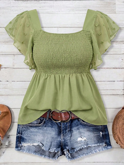 EMERY ROSE Women's Plus Size Square Neck Flutter Sleeve Casual Blouse