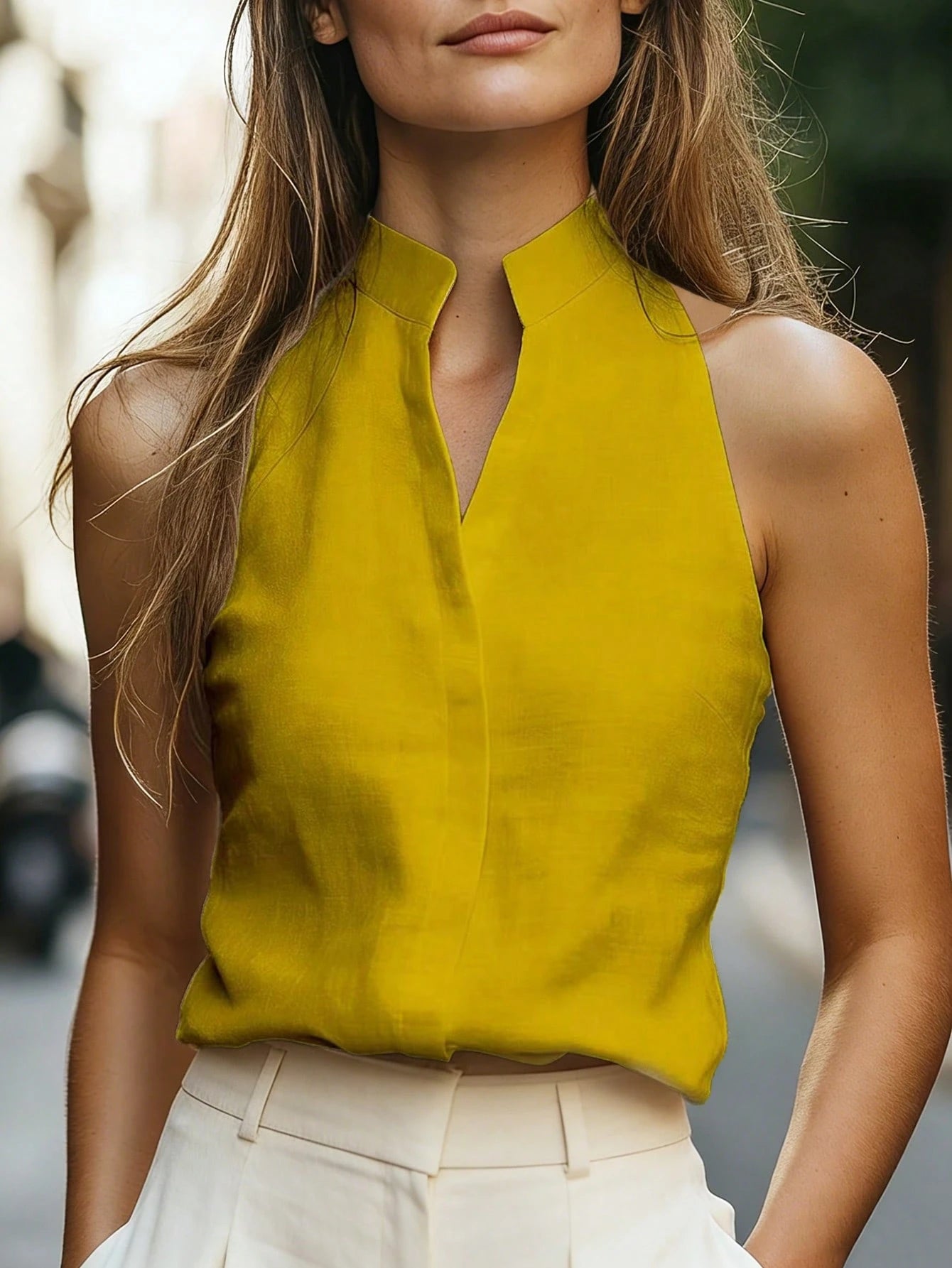 EMERY ROSE Women's Sleeveless Stand Collar Linen-Like Casual Tank Top, Versatile And Slimming For Commuting