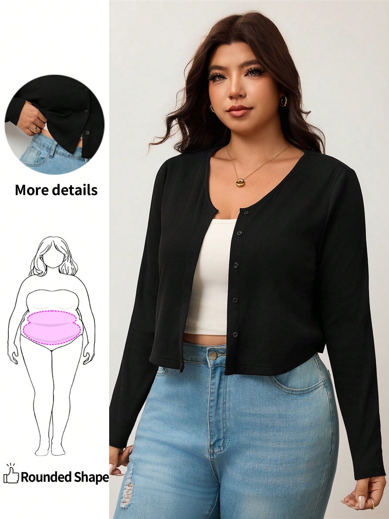 Enliva Plus Size Women's Black Ribbed Knit Cropped Cardigan V-Neck Button-Front Sweater For Layered Style Holiday Autumn Casual Fall Formal Bussines