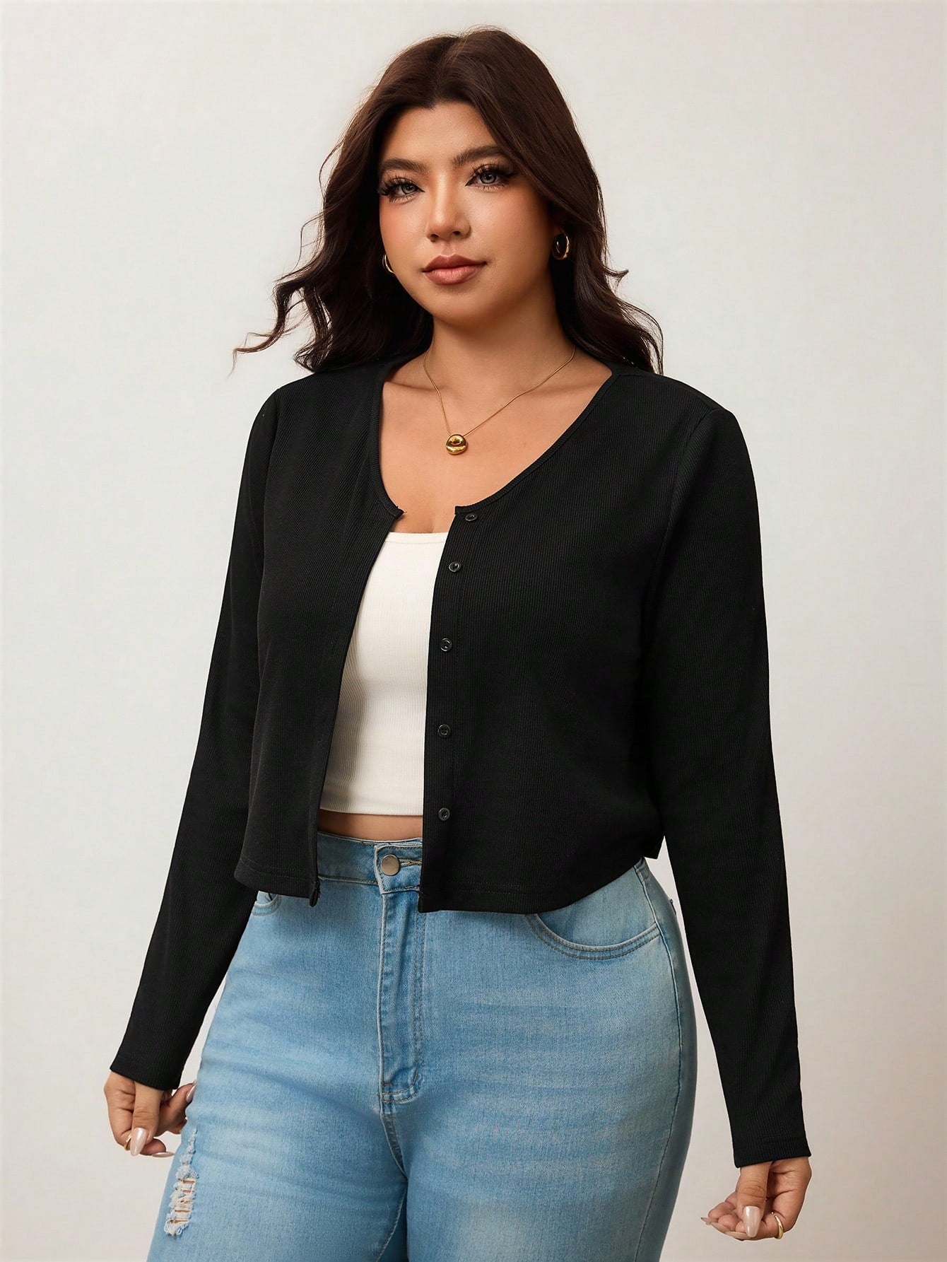 Enliva Plus Size Women's Black Ribbed Knit Cropped Cardigan V-Neck Button-Front Sweater For Layered Style Holiday Autumn Casual Fall Formal Bussines