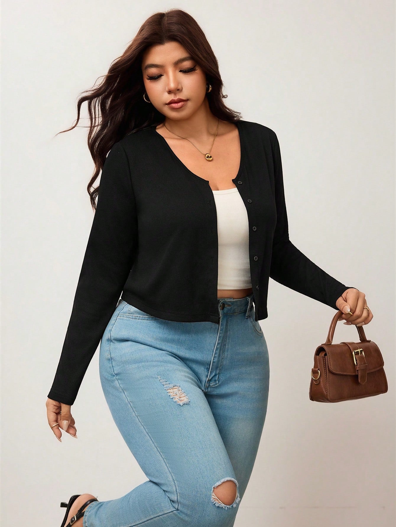 Enliva Plus Size Women's Black Ribbed Knit Cropped Cardigan V-Neck Button-Front Sweater For Layered Style Holiday Autumn Casual Fall Formal Bussines