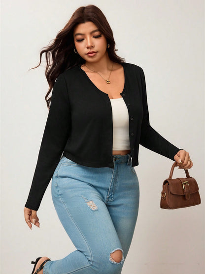 Enliva Plus Size Women's Black Ribbed Knit Cropped Cardigan V-Neck Button-Front Sweater For Layered Style Holiday Autumn Casual Fall Formal Bussines