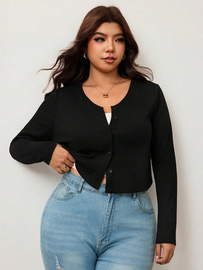 Enliva Plus Size Women's Black Ribbed Knit Cropped Cardigan V-Neck Button-Front Sweater For Layered Style Holiday Autumn Casual Fall Formal Bussines