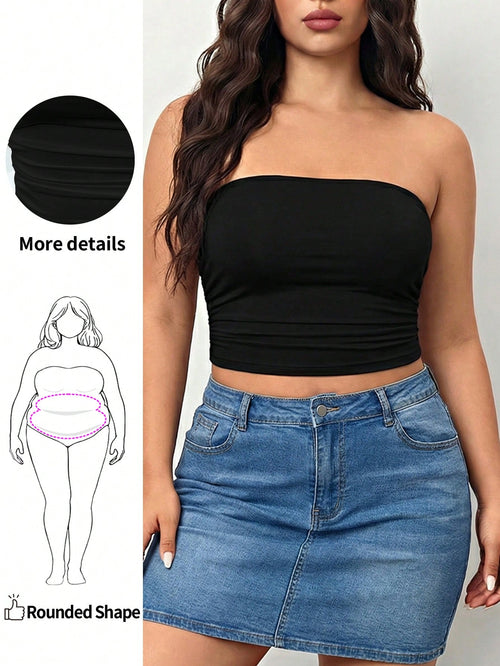 Enliva Women Plus Size Pleated Solid Color Bandeau Top, For Apple And Rounded Body Shape, For Summer
