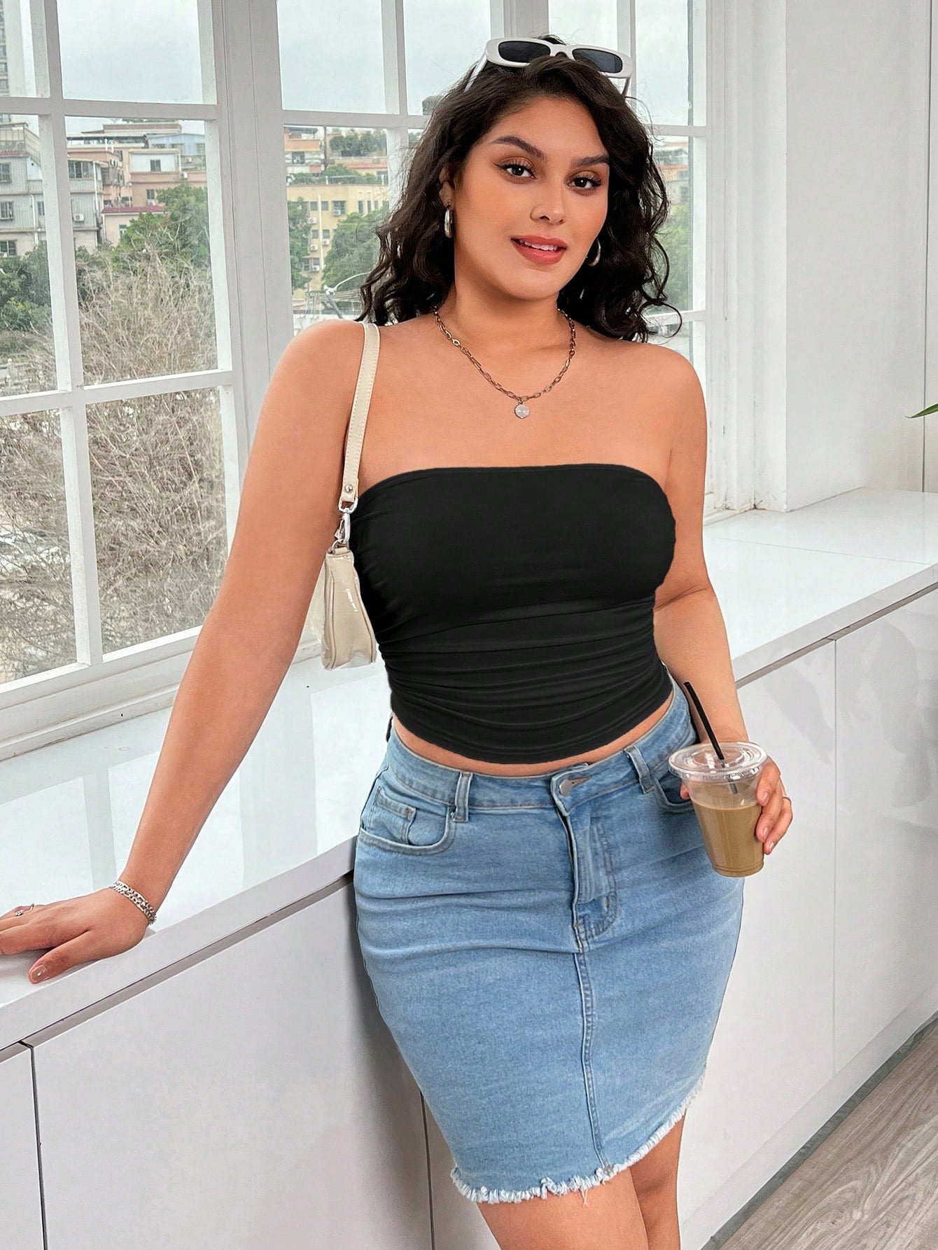 Enliva Women Plus Size Pleated Solid Color Bandeau Top, For Apple And Rounded Body Shape, For Summer