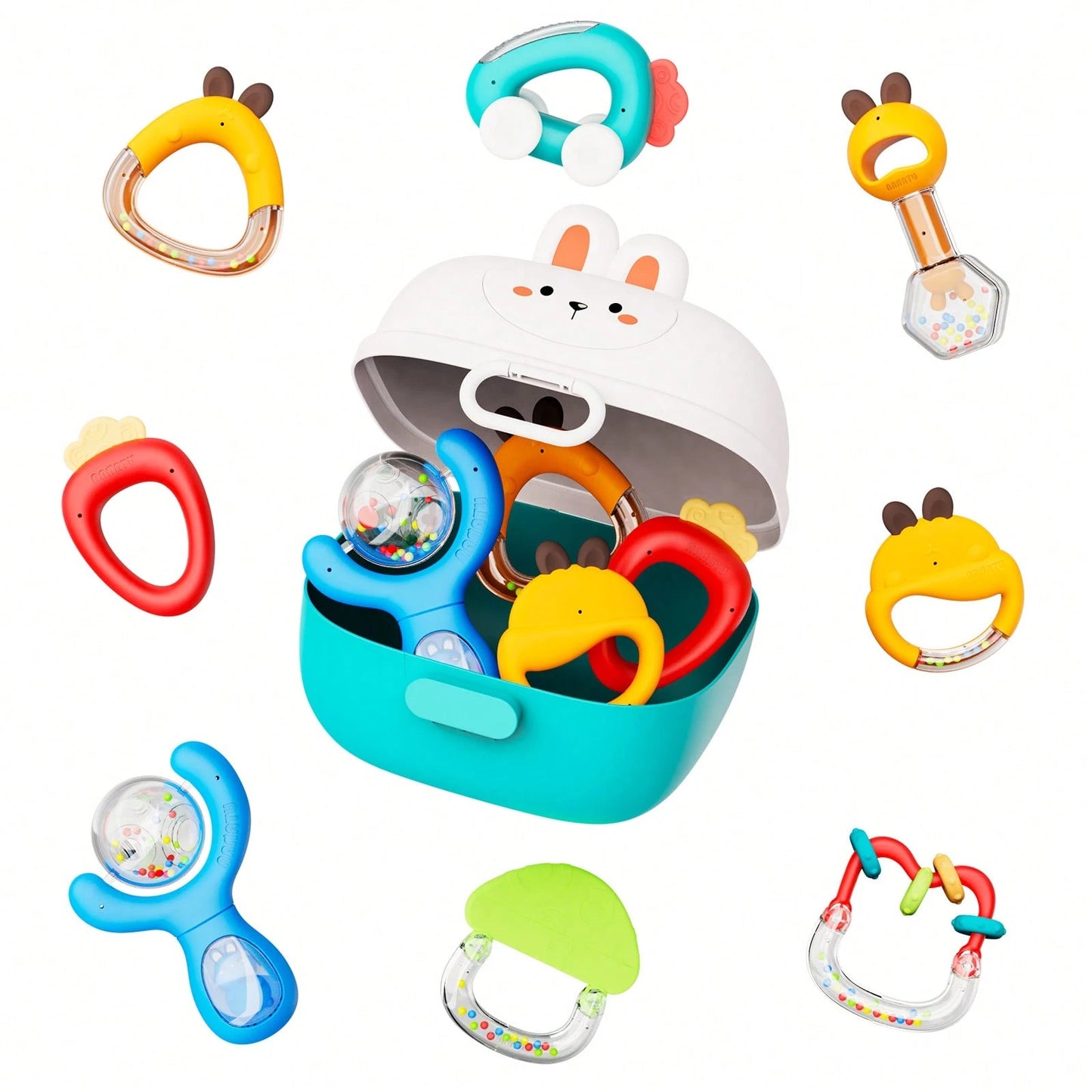 ESOLOM 8-Pack Cute Baby Rattle Toys With Rabbit-Themed Storage Box, 0+ Months Infant Rattles Set, Bright Colors & Fun Shapes (Steam Sterilizable), Engaging Textures, Durable Baby Shower Gift, Baby Rat
